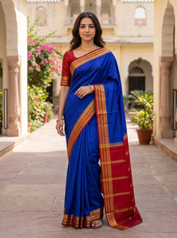 Pure Mysore Silk Royal Blue Plain Saree with Contrast Red Zari Striped Pallu