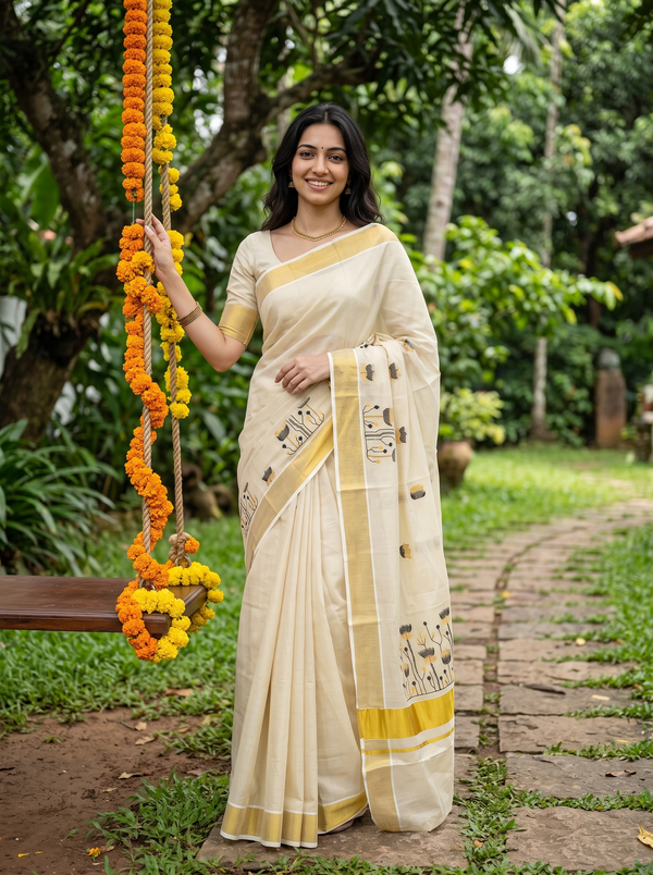 A woman wearing a cream-colored saree with yellow borders and printed motifs stands outdoors on a stone path next to a swing decorated with orange marigold garlands.