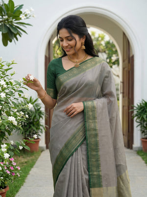 Semi Chanderi Grey Saree with Bottle Green Zari Striped Pallu