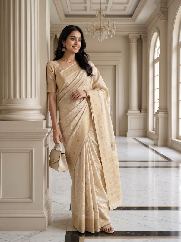 Tissue Banarasi Gold Beaded Bird Motif Pallu Saree