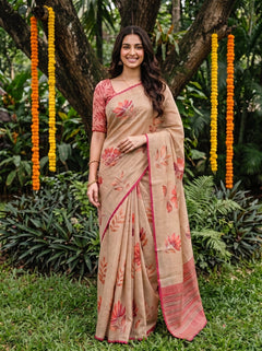 Tissue Beige Lotus Print Onam Kerala Saree with Scalloped Pink Border
