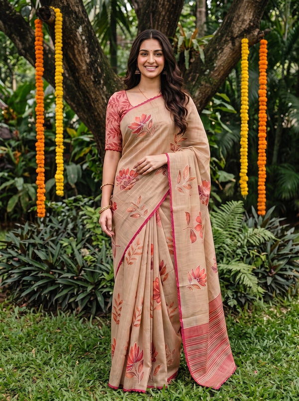 Tissue Beige Lotus Print Onam Kerala Saree with Scalloped Pink Border