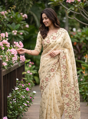 Linen Pale Yellow Floral Trail Border Saree