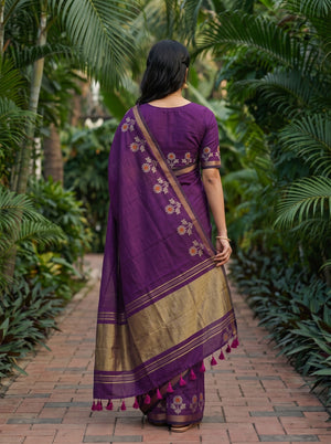 Cotton Deep Purple Saree with Gold Striped Border and Floral Butta Side Border