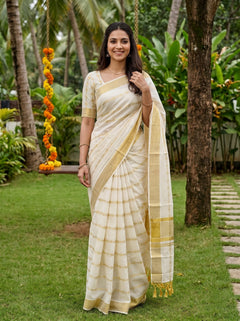 Cotton Cream Golden Dashed Line Wide Border Onam Kerala Saree