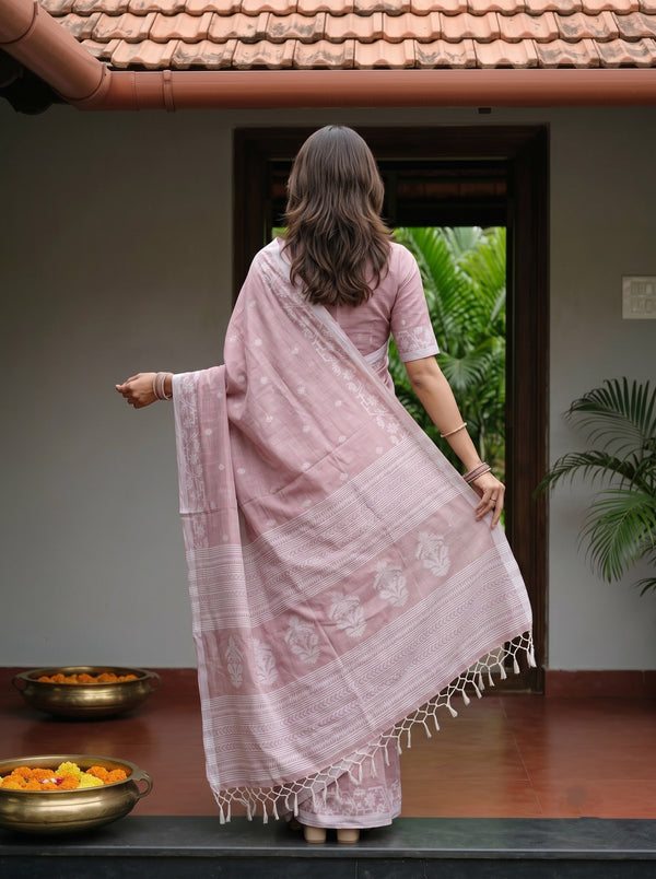 Cotton Dusty Rose Saree with Self-Tone Floral Butta Pallu