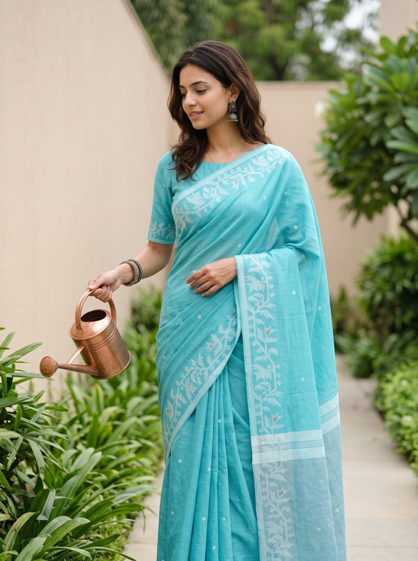 Cotton Teal Grey-Blue Dual-Tone Saree with White Floral Vine Border