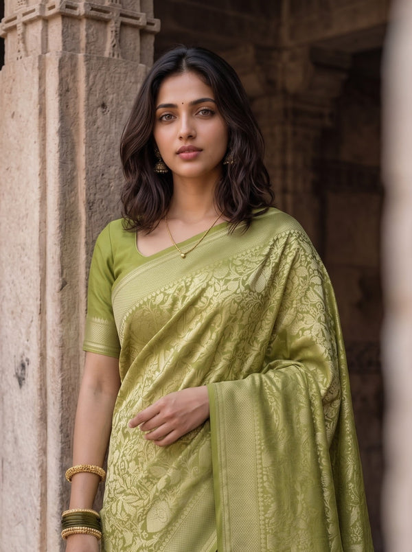 Banarasi Olive Green Self-Tone Floral Jacquard Saree