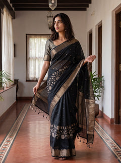 Semi Silk Black Golden Floral Vine Border Saree with Tassels