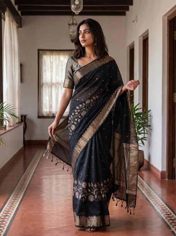Semi Silk Black Golden Floral Vine Border Saree with Tassels