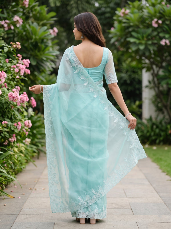 Organza Mint Floral Embroidery Stone Work Border Saree