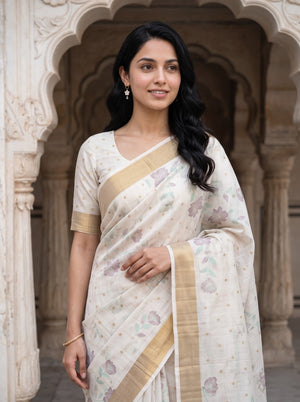 Semi Tussar Cream Saree with Floral Motifs and Golden Zari Border
