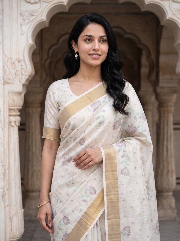Semi Tussar Cream Saree with Floral Motifs and Golden Zari Border