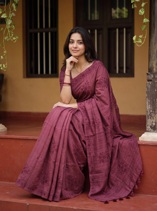 Semi Tussar Maroon Self Stripe Embroidered Floral Saree with Tassels