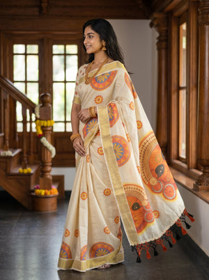 Cotton Cream  Mandala Print with Theyyam Motif Border Set Saree