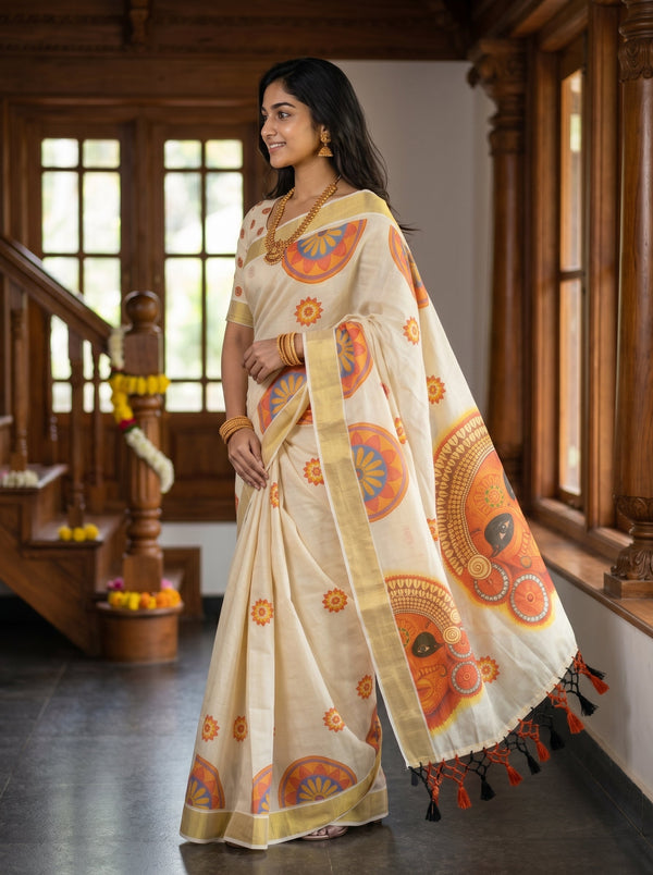 Cotton Cream  Mandala Print with Theyyam Motif Border Set Saree