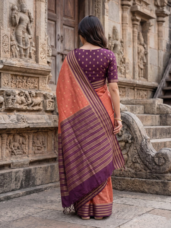 Semi Silk Rust Contrast Purple Zari Border Saree