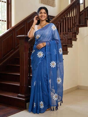 Cotton Blue Saree with White Daisy Flower Print