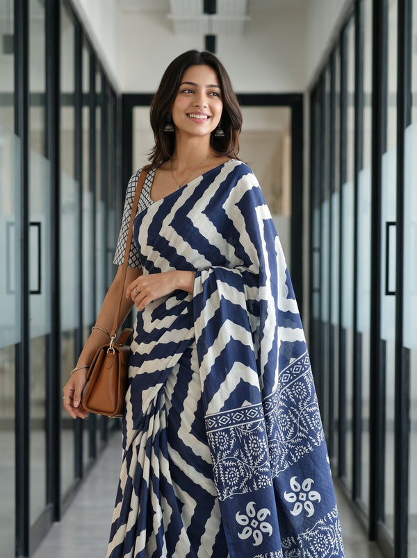 Cotton Navy Blue Paisley Medallion Block Print Saree