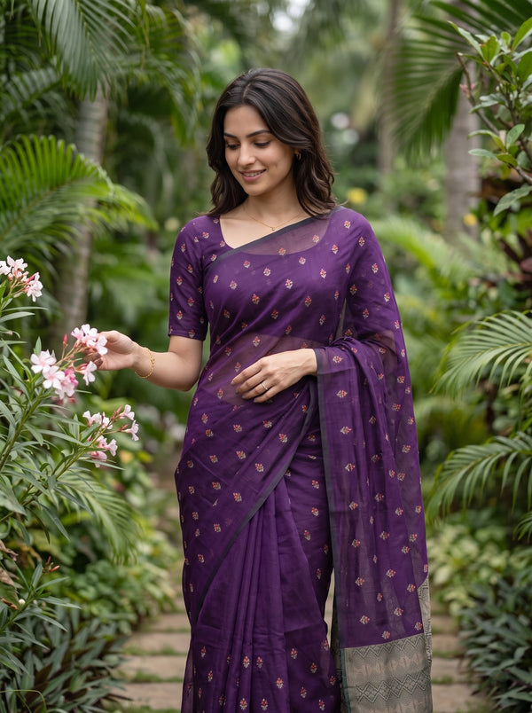 Cotton Silk Purple Saree with Zari Geometric Patterned Pallu