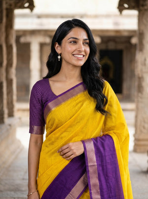 Semi Chanderi Yellow Saree with Contrast Purple Checked Pallu and Zari Border