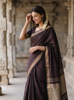 Cotton Dark Plum Copper Golden Dotted Butta Pallu Braided Tassel Saree