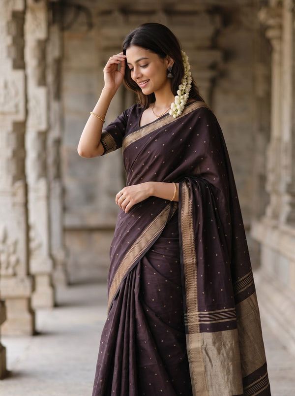Cotton Dark Plum Copper Golden Dotted Butta Pallu Braided Tassel Saree