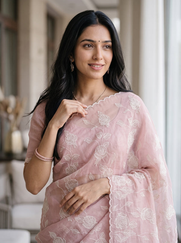 Organza Pink Allover Self-Tone Rose Embroidered Saree with Scalloped Edges