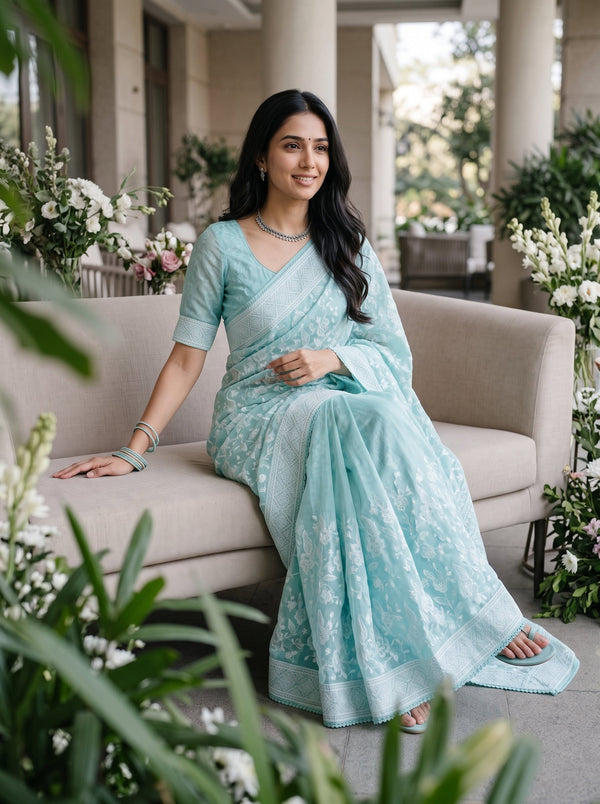 Organza Blue Seafoam Self-Tone Floral Lace Saree with Geometric Pallu Border