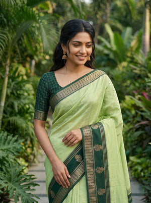 Chanderi Cotton Light Green Saree with Gold Zari Check and Floral Motif Pallu