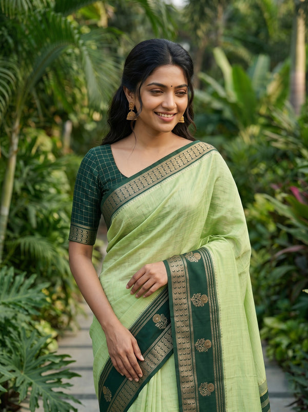 Chanderi Cotton Light Green Saree with Gold Zari Check and Floral Motif Pallu