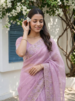 Organza Mauve Self-Tone Rose Floral Embroidered Lace Border Saree