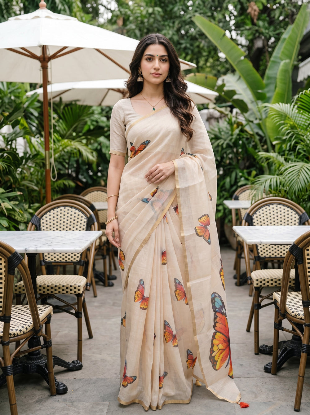 A woman stands in a garden cafe wearing a beige sari decorated with large colorful butterfly prints in orange, yellow, and blue, with small red tassel accents.