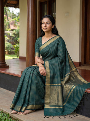 Cotton Silk Bottle Green Saree with Grey Zari Shimmer Pallu