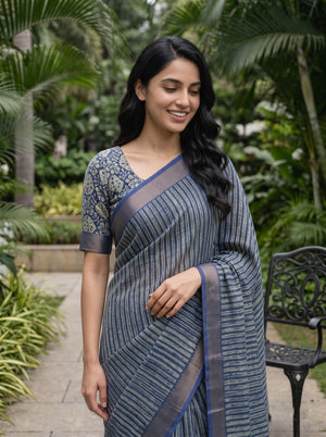 Pure Chanderi Navy Grey Brush Stripe Print Antique Copper Zari Border Saree