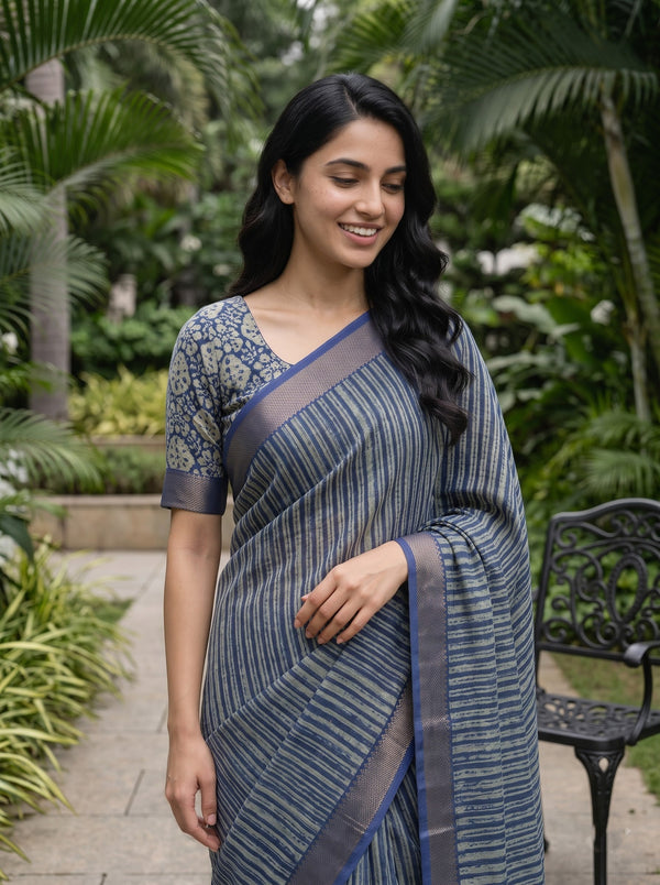 Pure Chanderi Navy Grey Brush Stripe Print Antique Copper Zari Border Saree