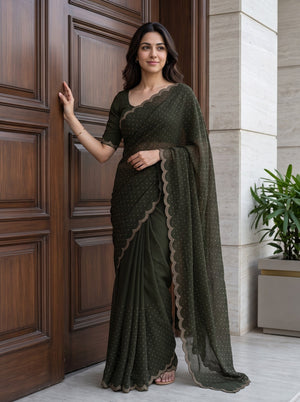 Chiffon Mehandi Green Stone Embellished Saree