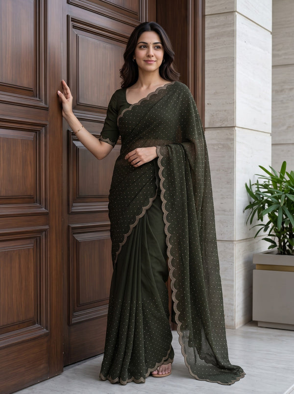 Chiffon Mehandi Green Stone Embellished Saree