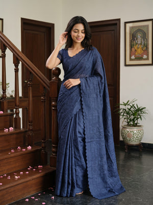 Semi Tussar Navy Blue Saree with Self-Pattern Floral Design and Scalloped Border