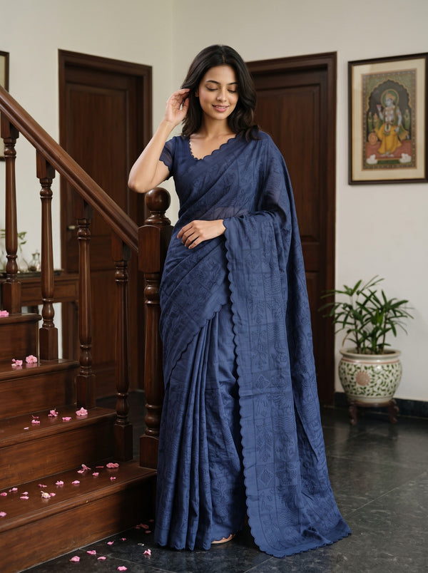 Semi Tussar Navy Blue Saree with Self-Pattern Floral Design and Scalloped Border