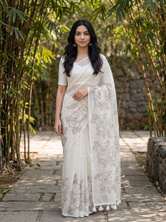 Kota Doria White Self-Tone Rose Bouquet Embroidery Saree