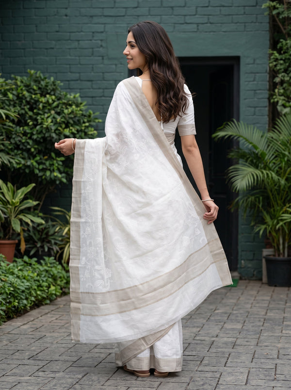 Cotton Off-White Self-Tone Floral Paisley Jacquard Saree with Striped Border