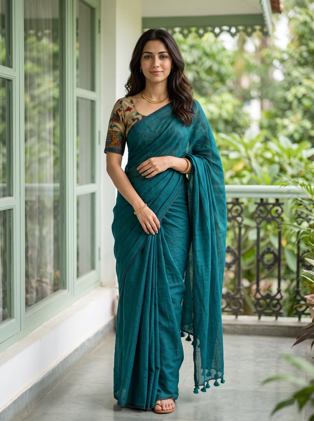 Cotton Teal Green Saree with Teal Tassels and Floral Print