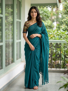 Cotton Teal Green Saree with Teal Tassels and Floral Print