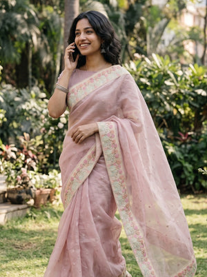 Organza Dusty Pink Saree with Multicolor Floral Border