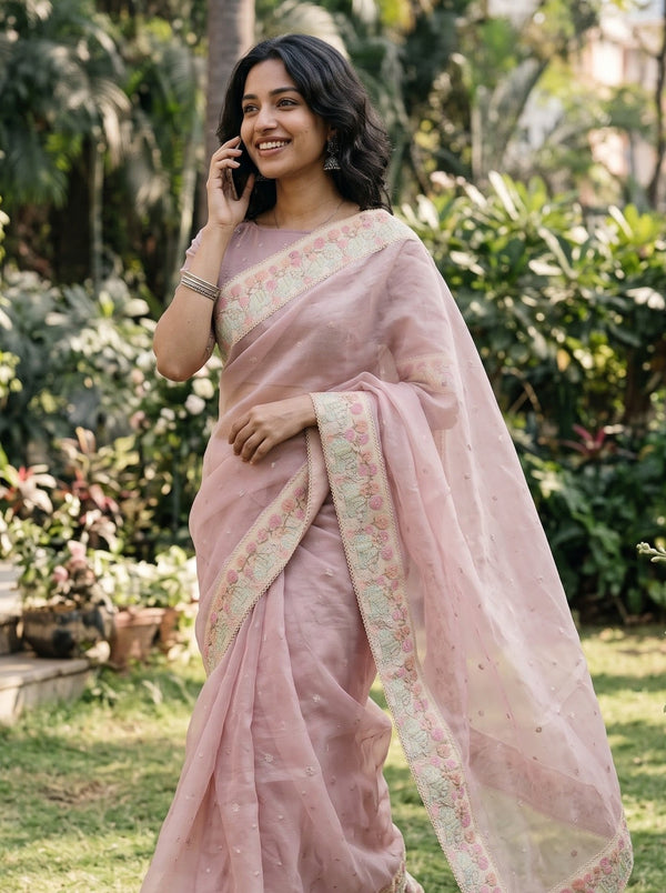 Organza Dusty Pink Saree with Multicolor Floral Border