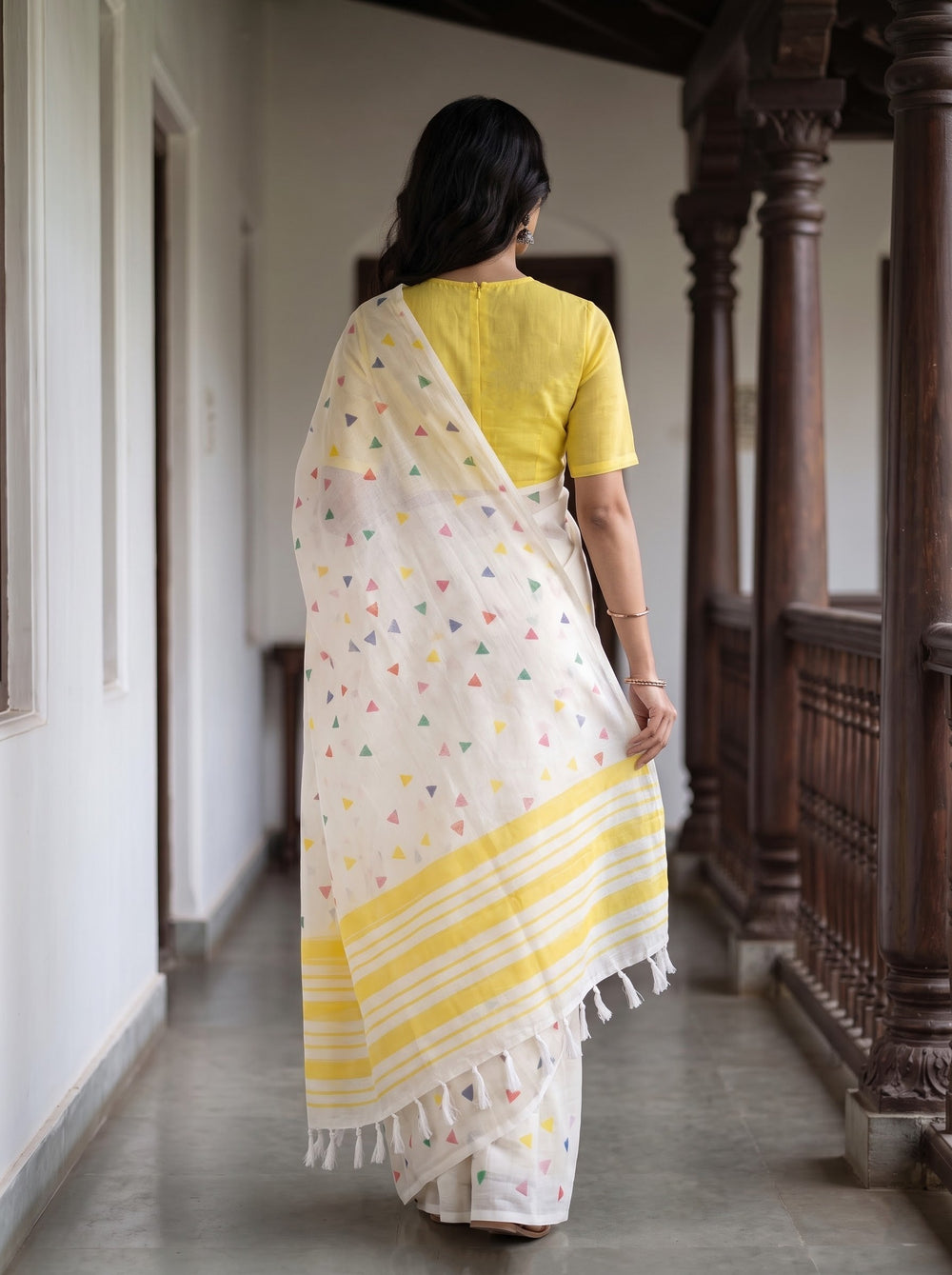 Cotton White Saree with Multicolor Triangle Print and Yellow Border