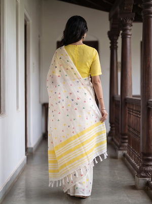 Cotton White Saree with Multicolor Triangle Print and Yellow Border