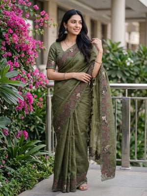 Organza Olive Green Maroon Floral Cutwork Lace Border Saree