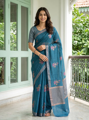 Chanderi Cotton Teal Blue  Saree with Floral Embroidery